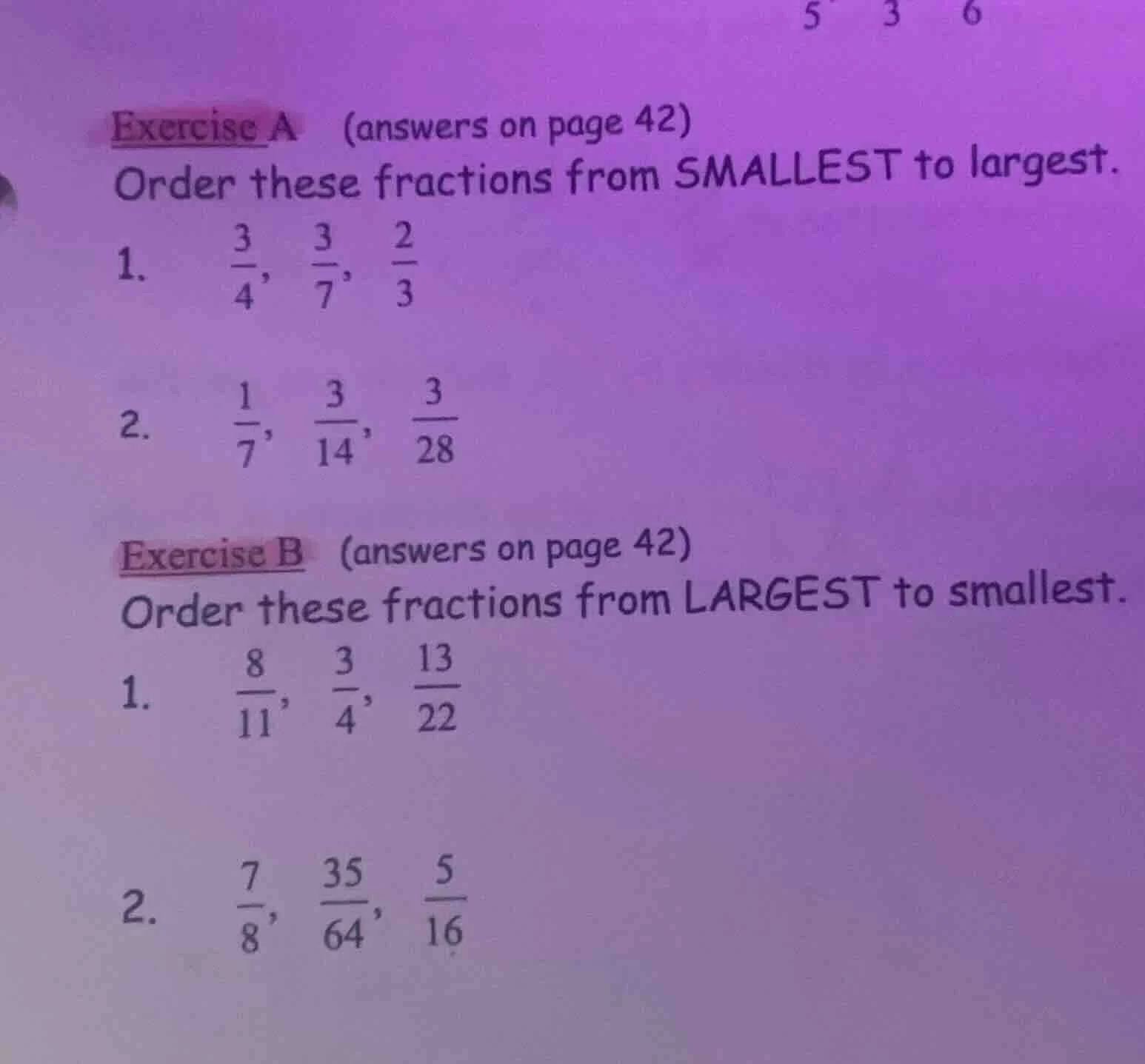 exercise a (answers on page 42) order these fractions from smallest to …