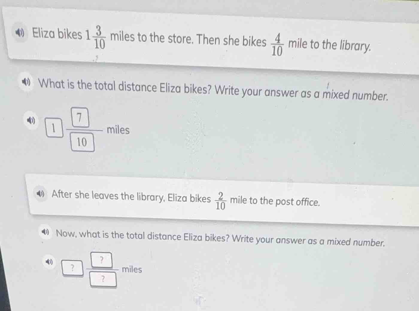 eliza bikes $1\\frac{3}{10}$ miles to the store. then she bikes $\\frac…