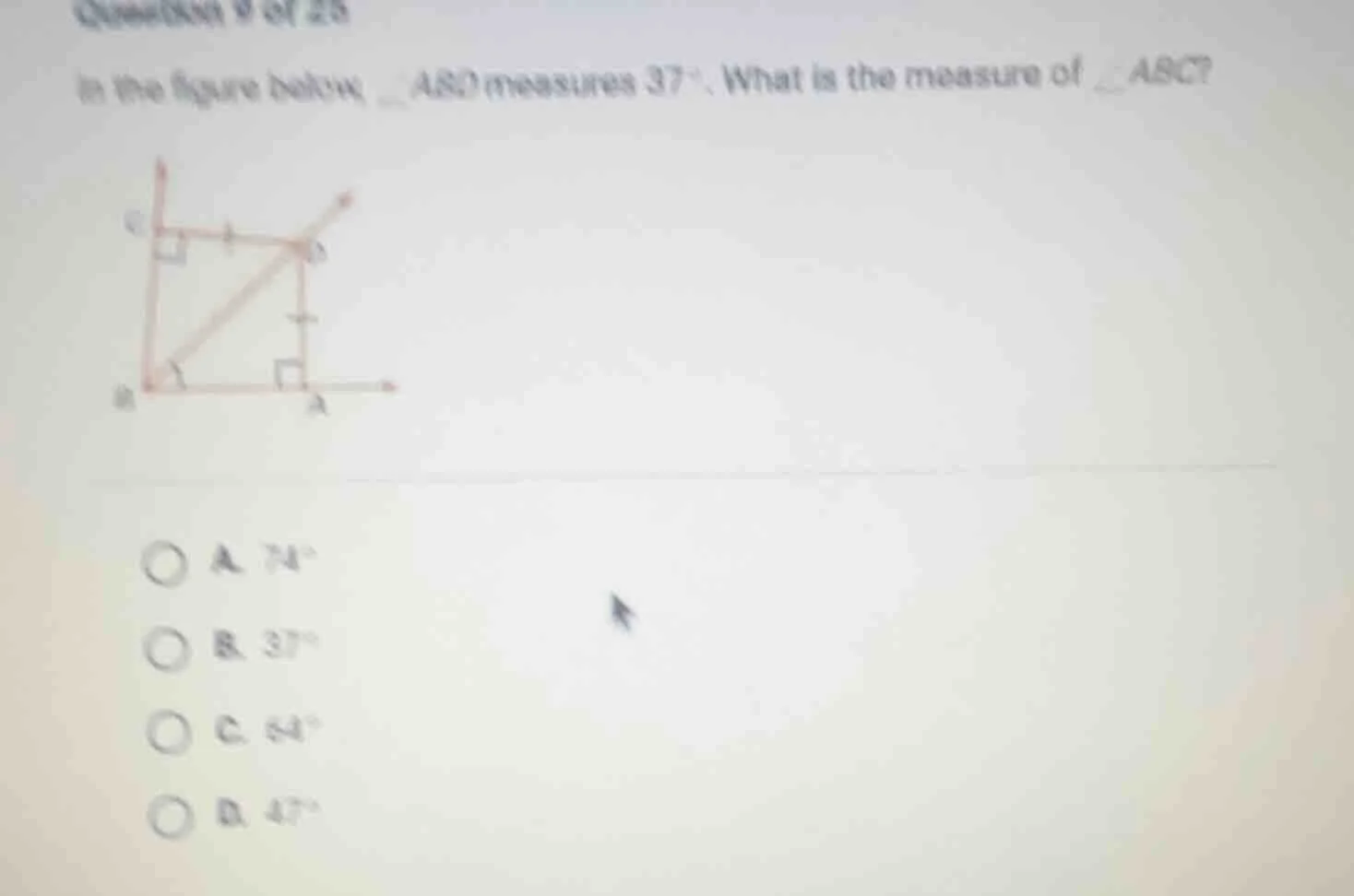 question 9 of 25 in the figure below, ∠abd measures 37°. what is the me…
