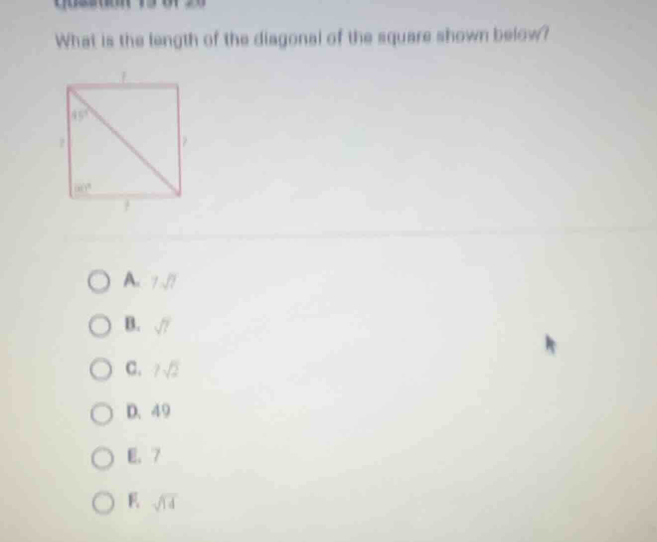 what is the length of the diagonal of the square shown below? a. $7\\sq…