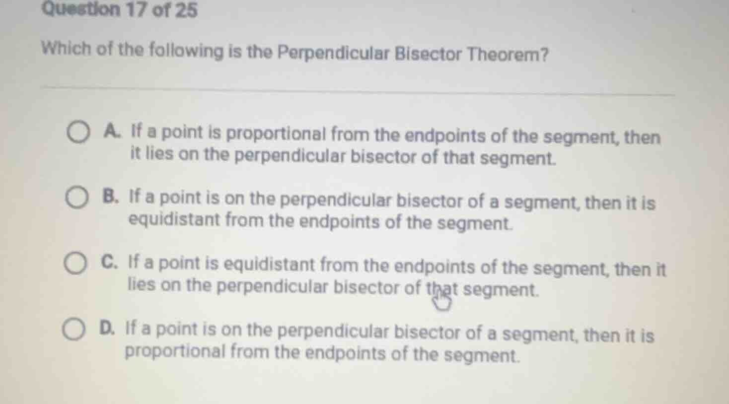 question 17 of 25 which of the following is the perpendicular bisector …