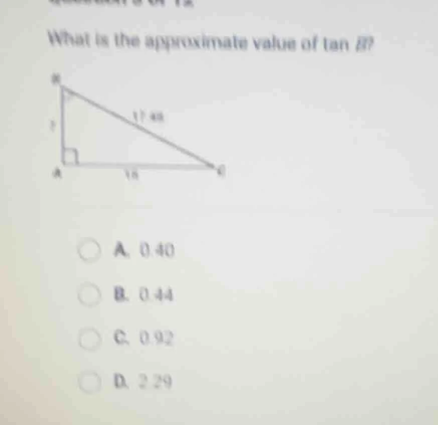 what is the approximate value of \\(\\tan b\\)? a. 0.40 b. 0.44 c. 0.92…