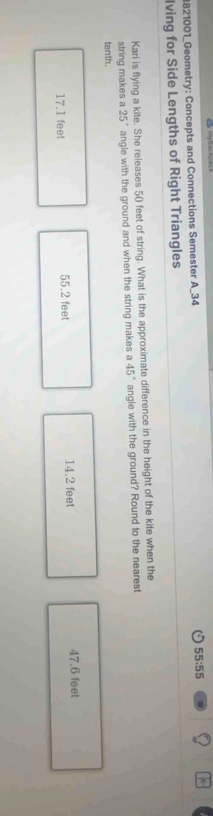 kari is flying a kite. she releases 50 feet of string. what is the appr…
