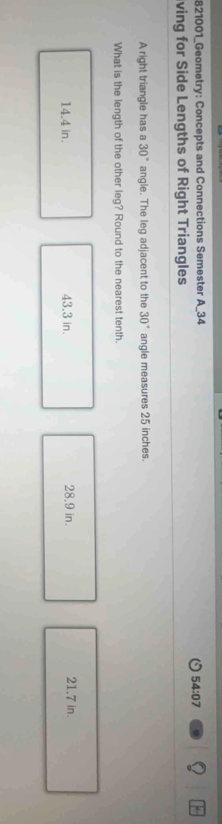 a right triangle has a 30° angle. the leg adjacent to the 30° angle mea…