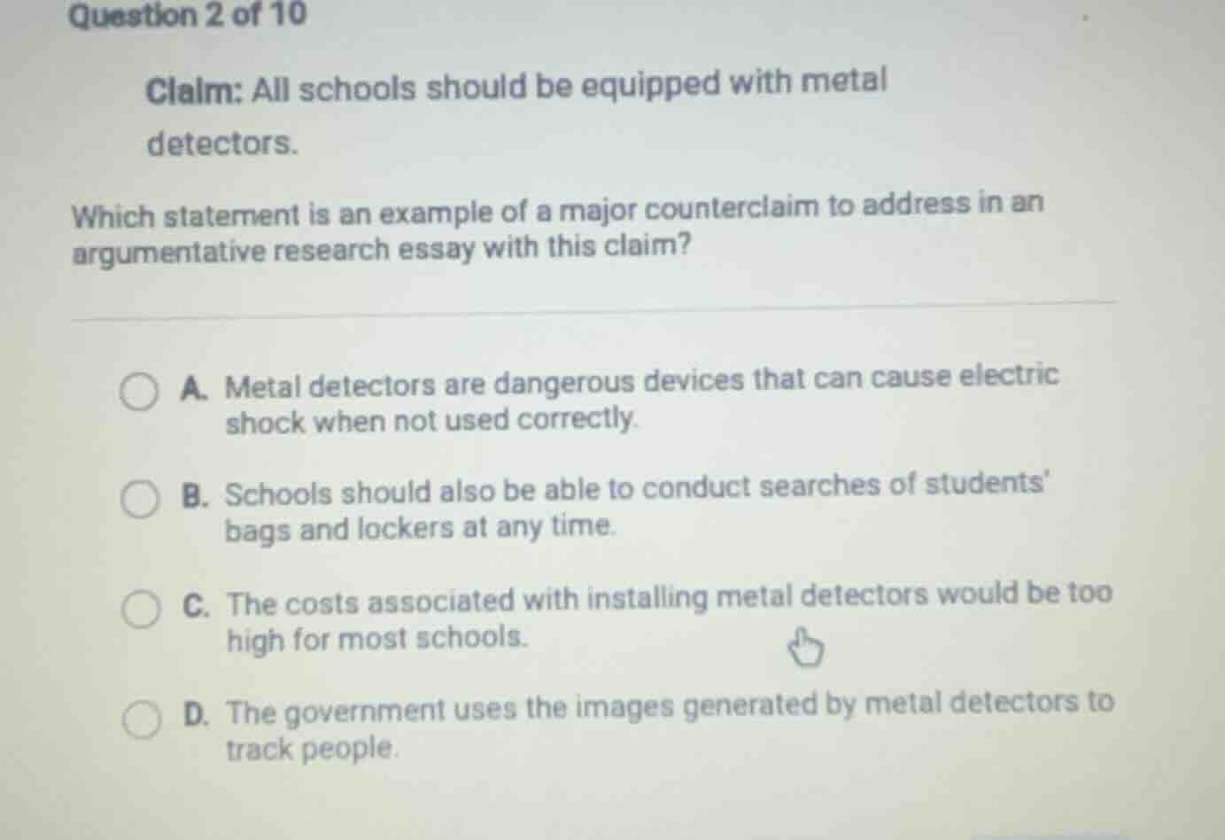 question 2 of 10 claim: all schools should be equipped with metal detec…