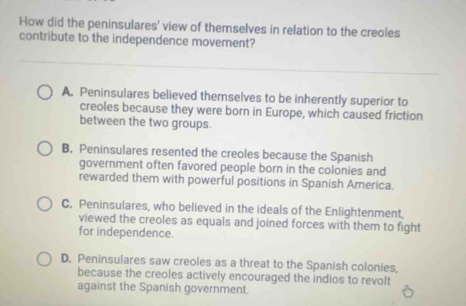 how did the peninsulares view of themselves in relation to the creoles …