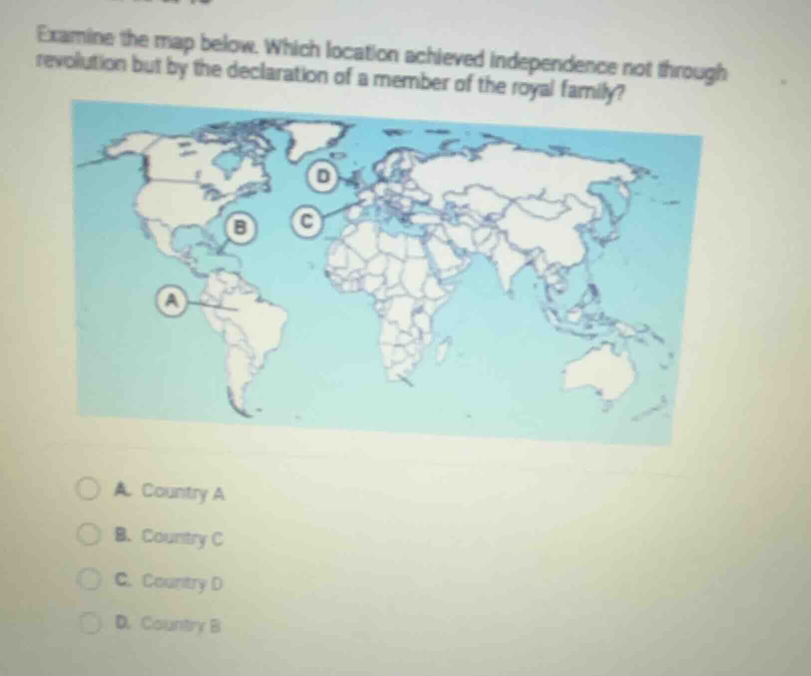 examine the map below. which location achieved independence not through…