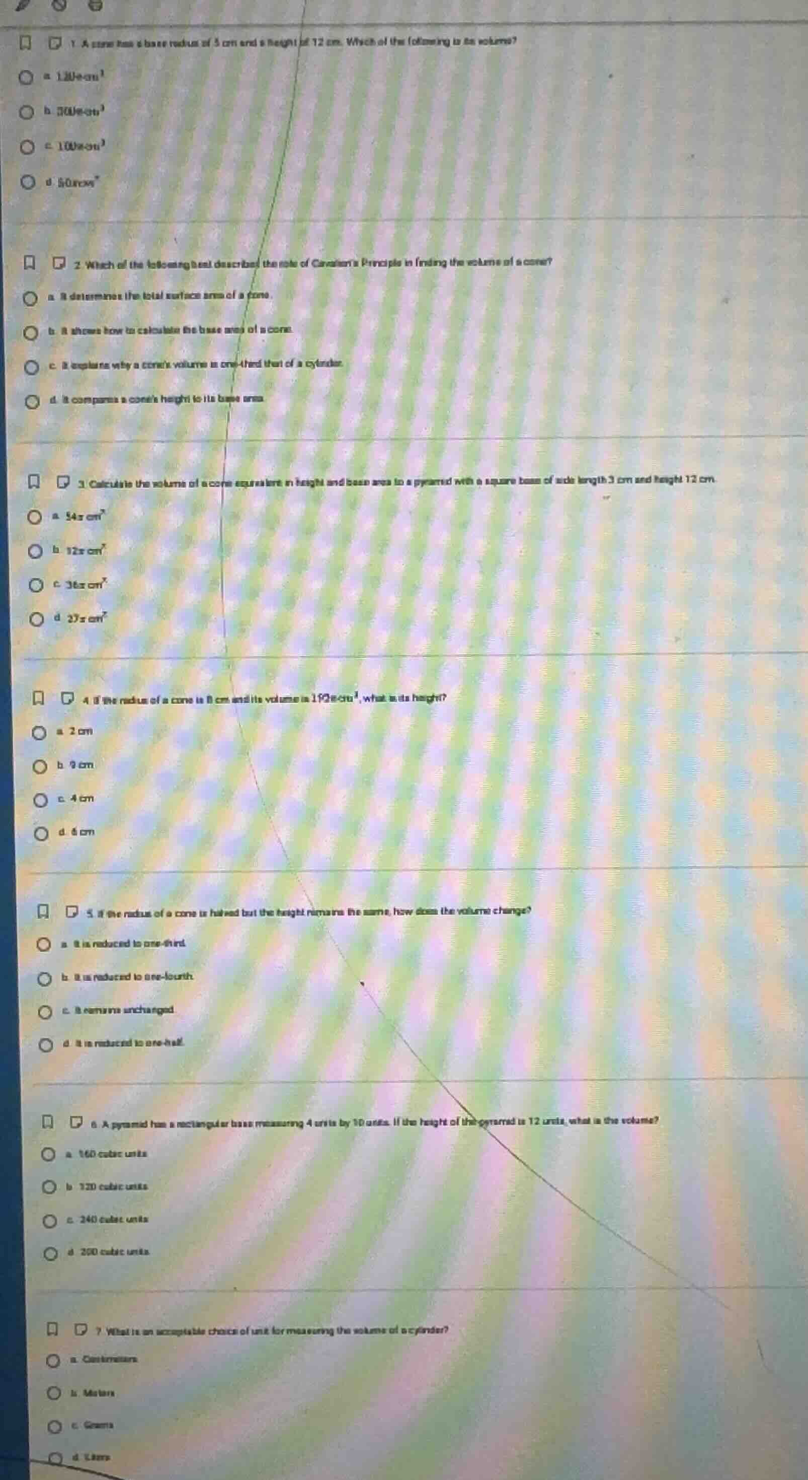 1. a cone has a base radius of 5 cm and a height of 12 cm. which of the…