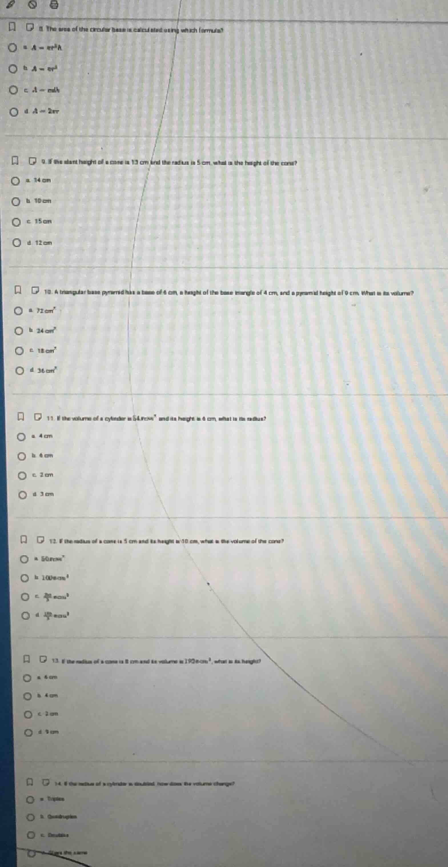 8. the area of the circular base is calculated using which formula? a. …