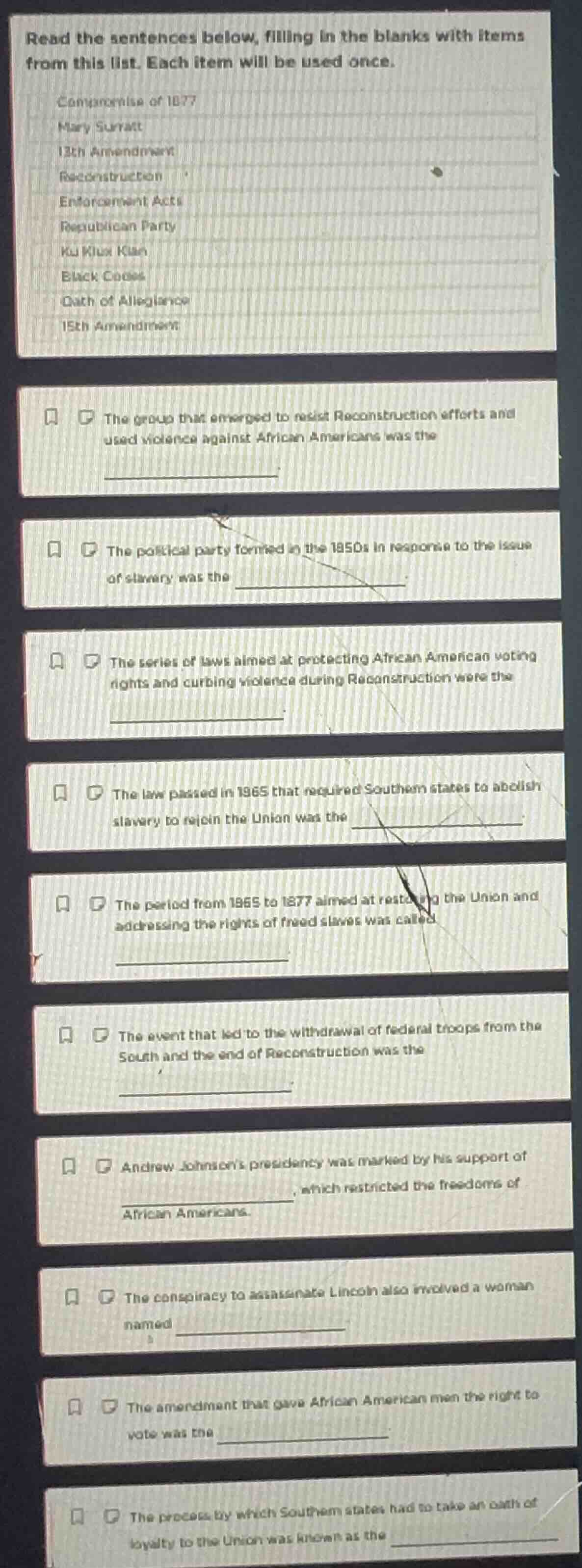 read the sentences below, filling in the blanks with items from this li…