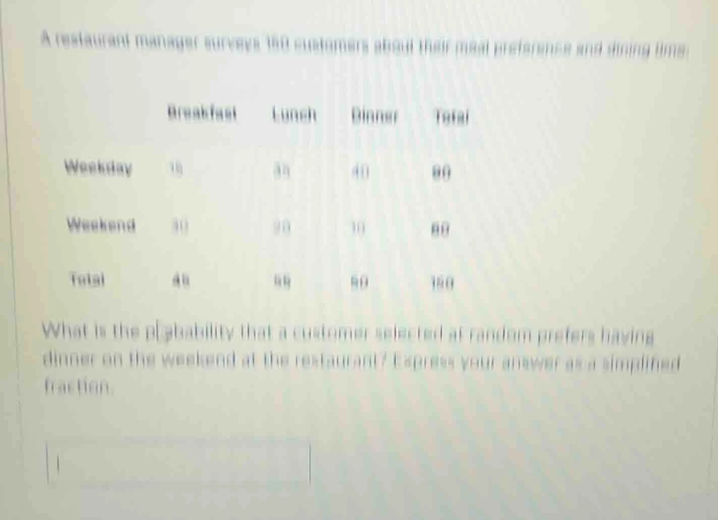 a restaurant manager surveys 160 customers about their meal preferences…