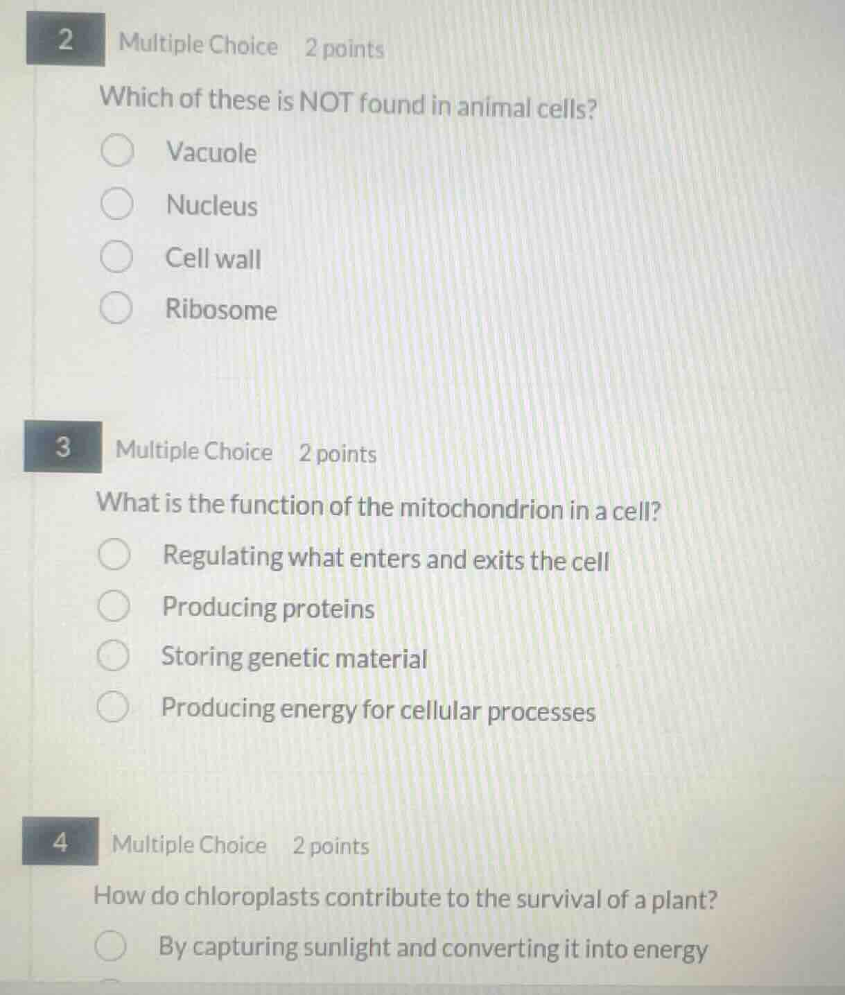 2 multiple choice 2 points which of these is not found in animal cells?…
