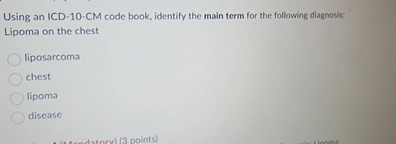 using an icd-10-cm code book, identify the main term for the following …