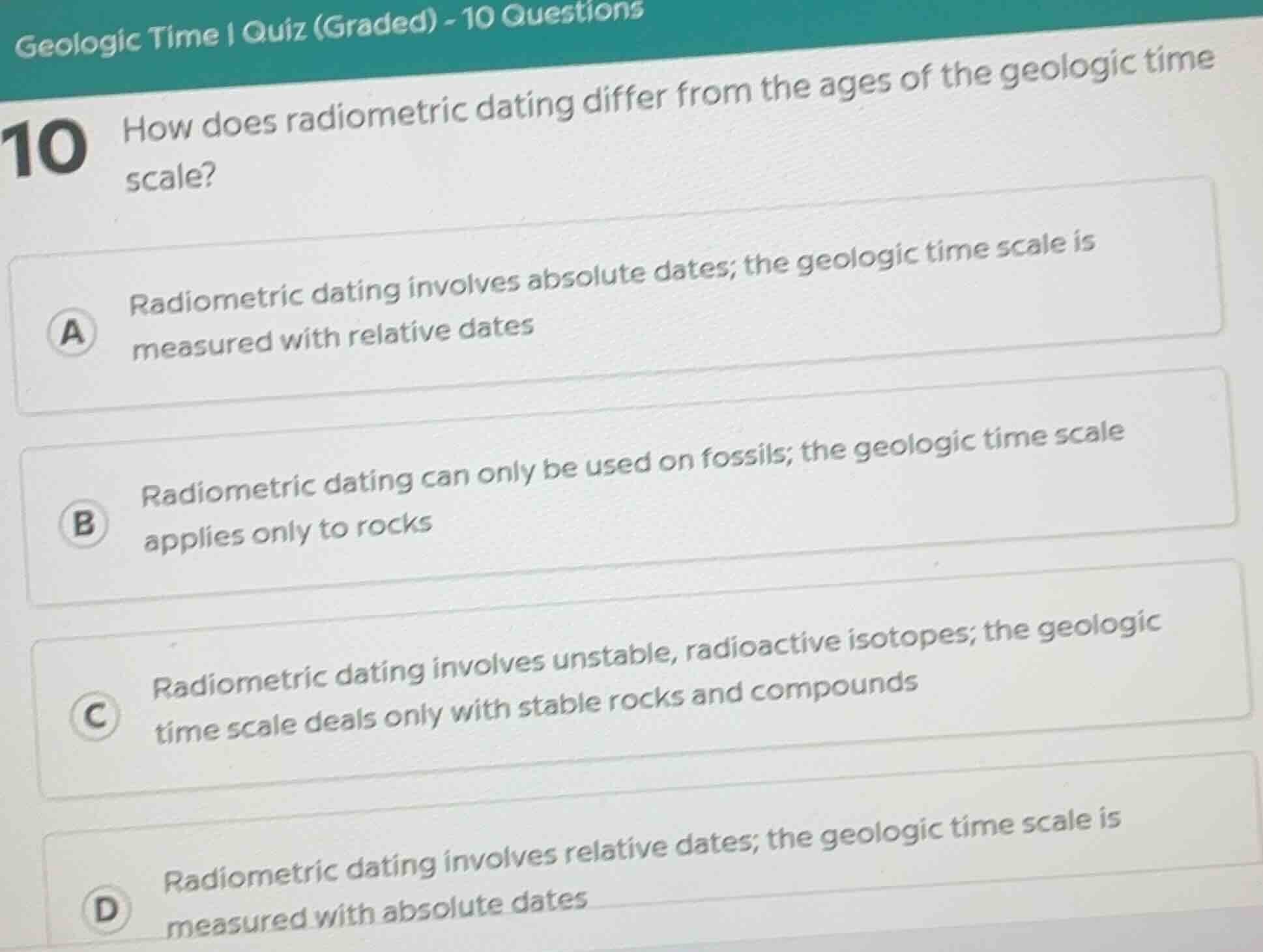 geologic time | quiz (graded) - 10 questions 10 how does radiometric da…
