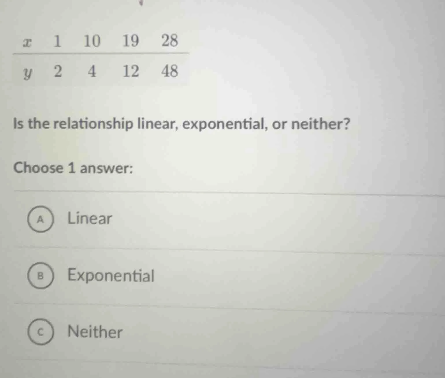 x 1 10 19 28 y 2 4 12 48 is the relationship linear, exponential, or ne…