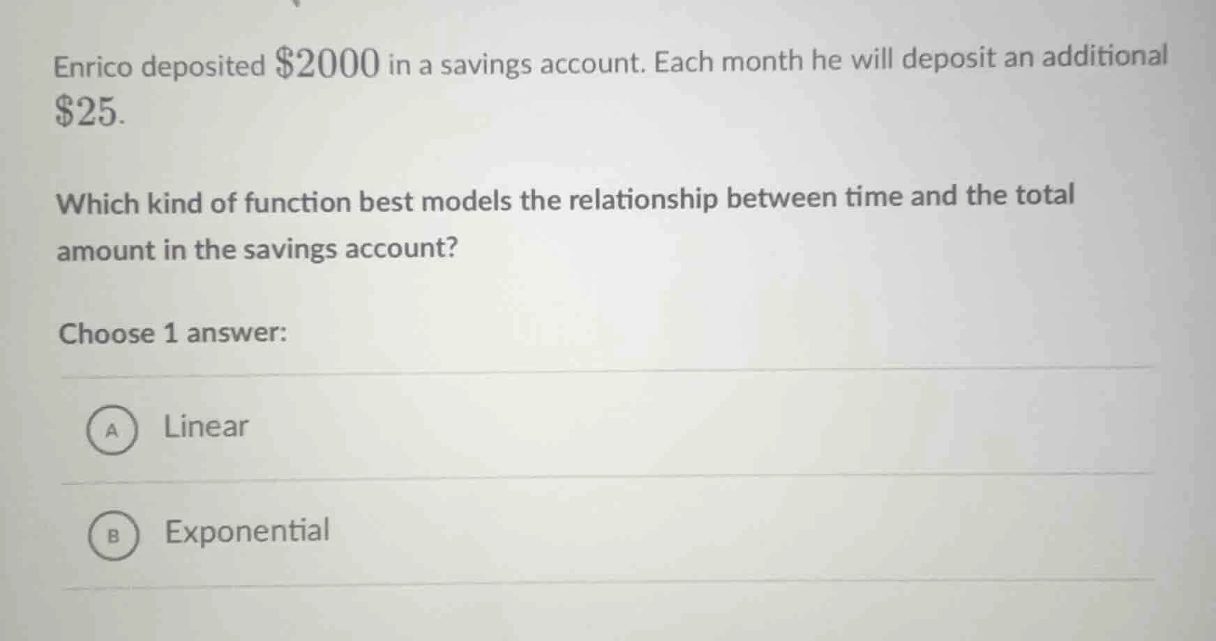 enrico deposited $2000 in a savings account. each month he will deposit…