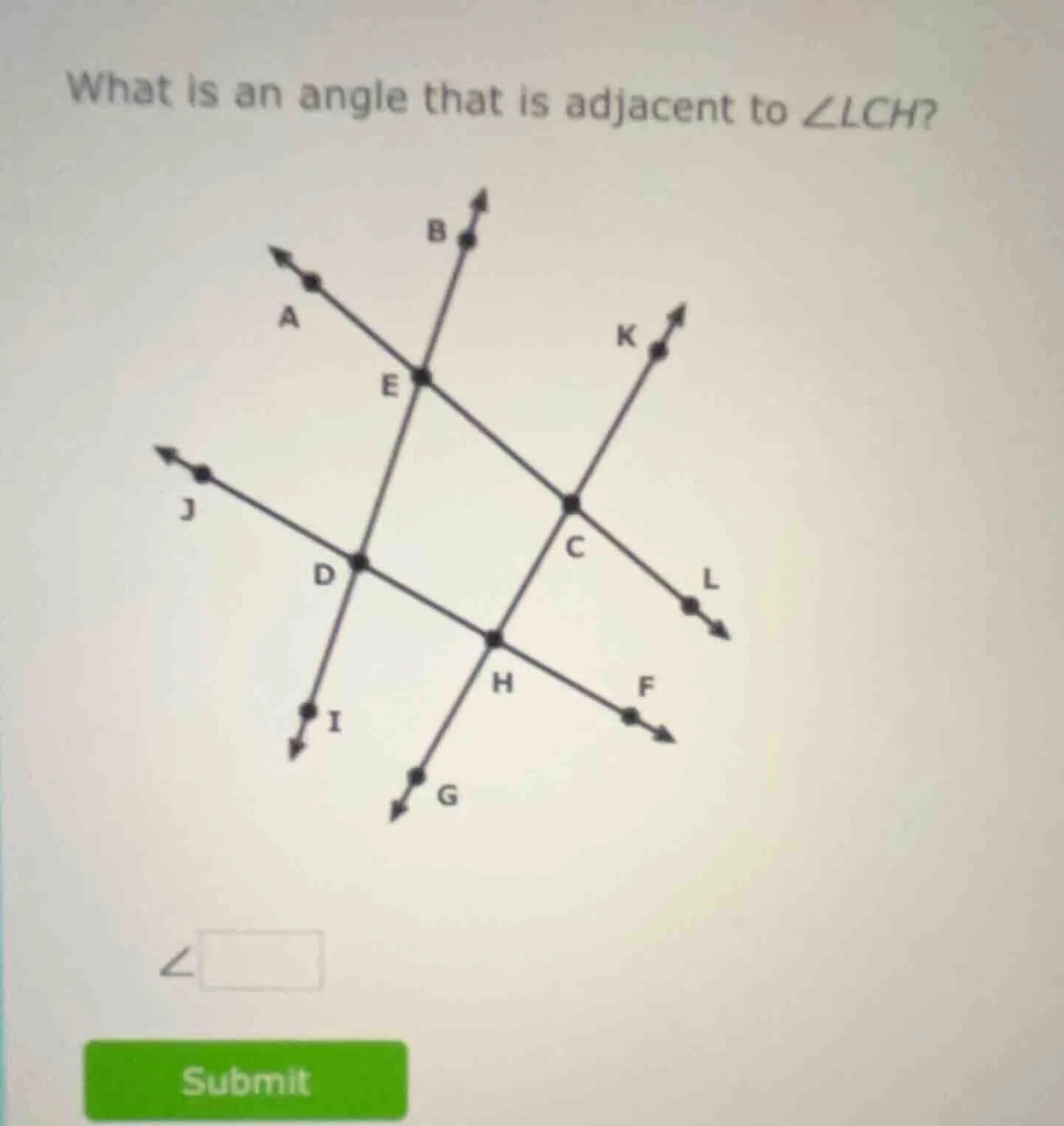 what is an angle that is adjacent to $\\angle lch$?