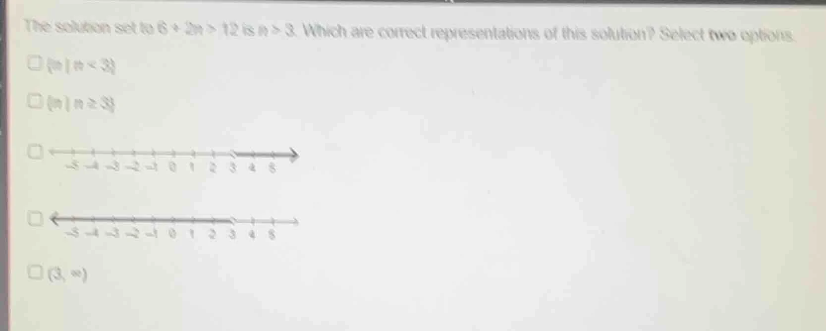 the solution set to $6 + 2n > 12$ is $n > 3$. which are correct represe…