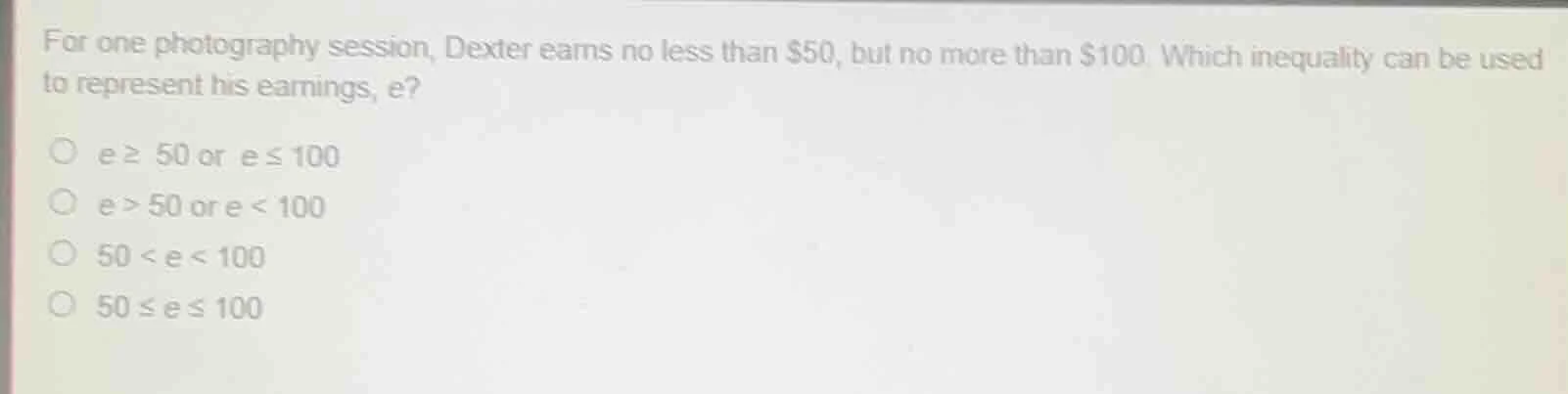 for one photography session, dexter earns no less than $50, but no more…
