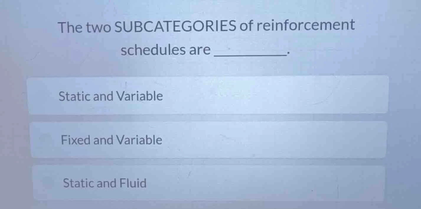 the two subcategories of reinforcement schedules are _______. static an…