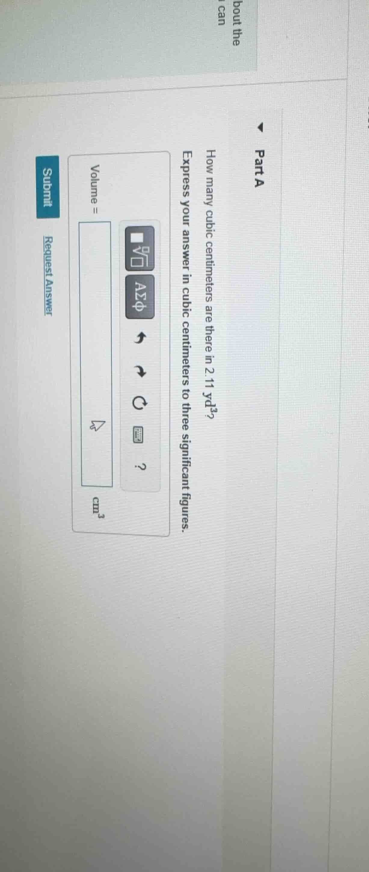 part a how many cubic centimeters are there in 2.11 yd³? express your a…