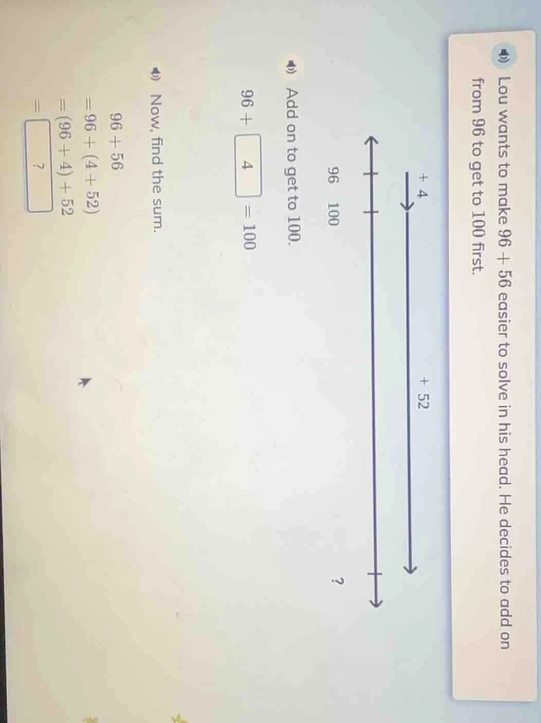 lou wants to make 96 + 56 easier to solve in his head. he decides to ad…