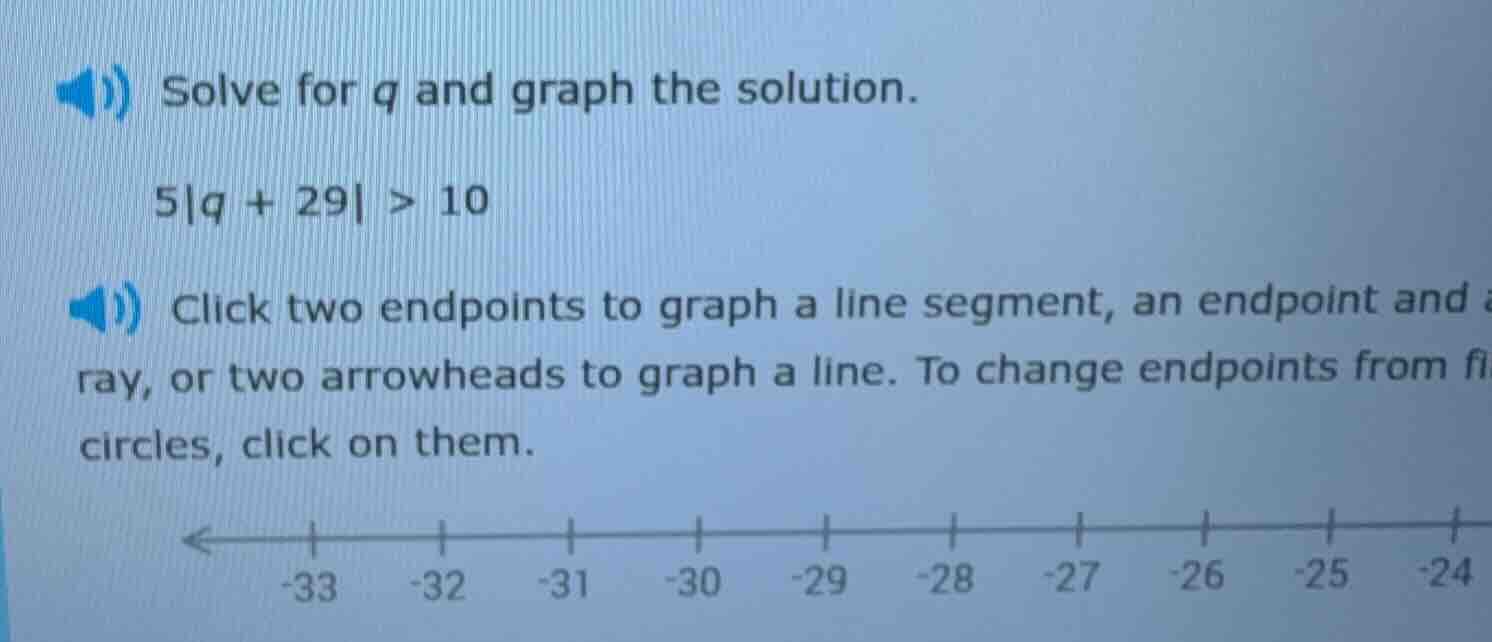 solve for q and graph the solution. 5|q + 29| > 10 click two endpoints …