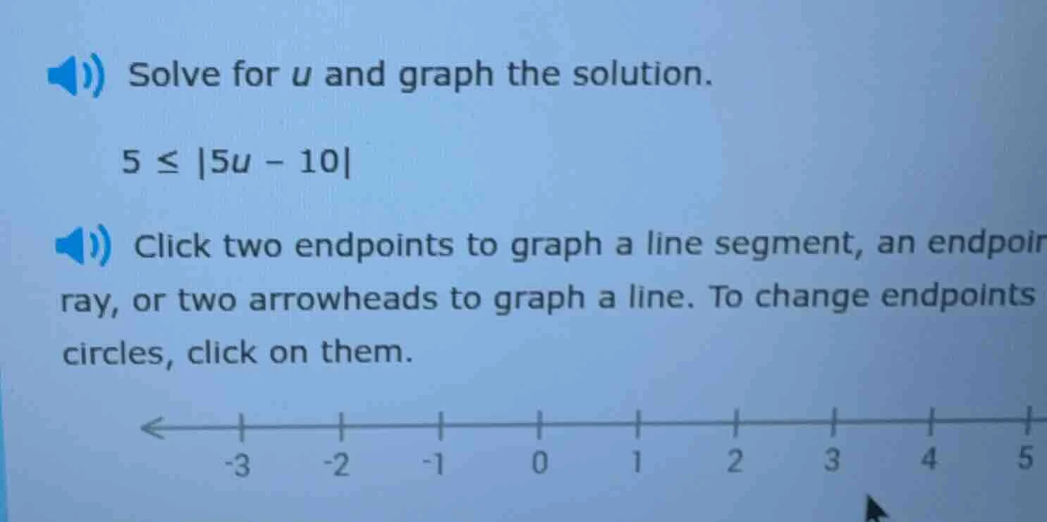 solve for u and graph the solution. 5 ≤ |5u - 10| click two endpoints t…