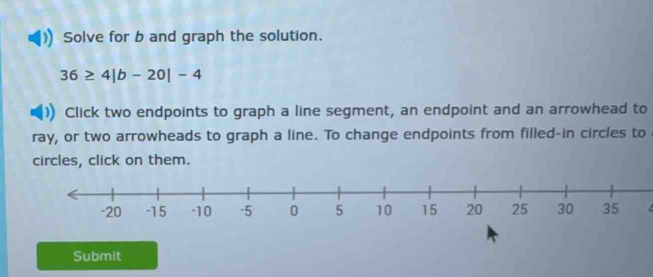 solve for b and graph the solution. 36 ≥ 4|b - 20| - 4 click two endpoi…