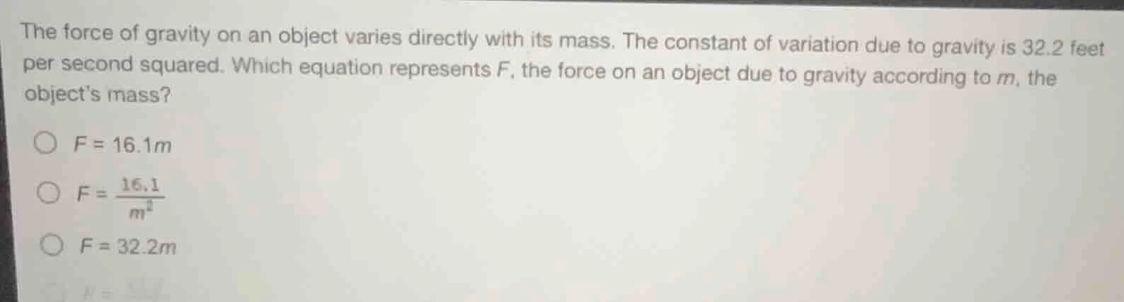 the force of gravity on an object varies directly with its mass. the co…