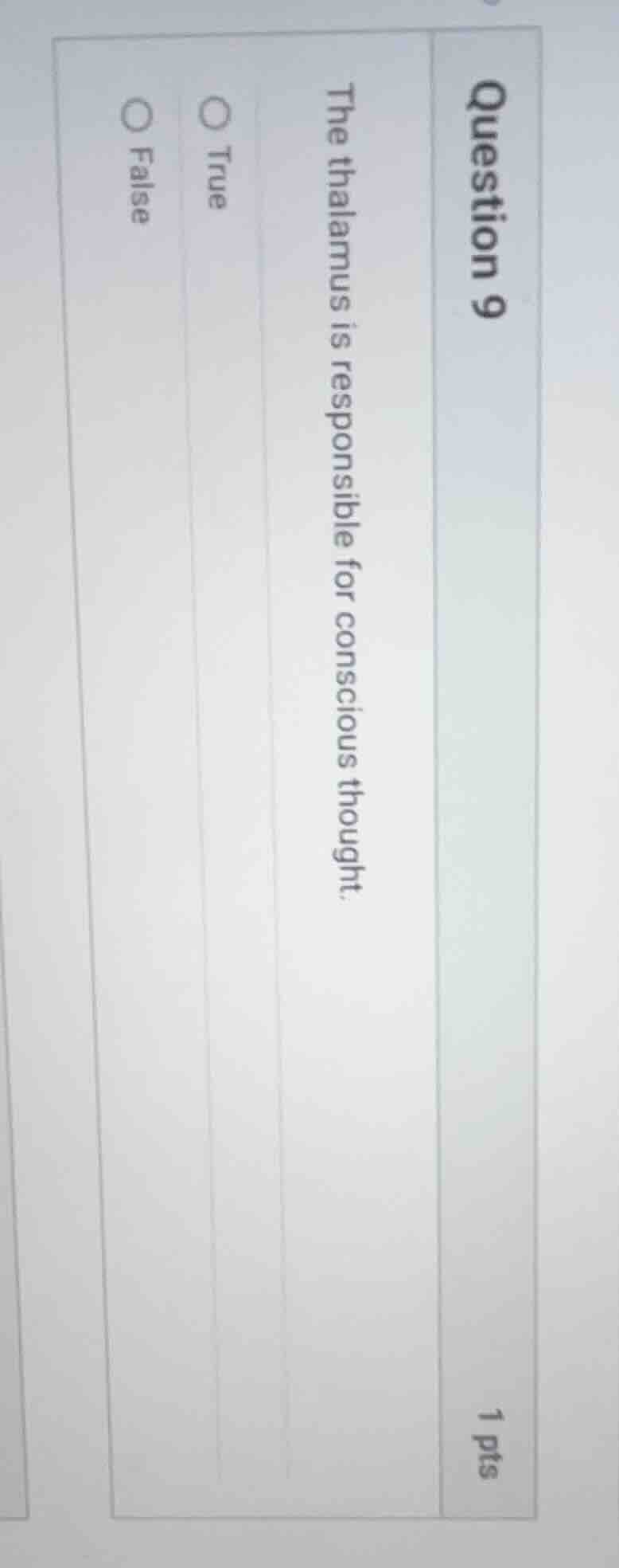 question 9 1 pts the thalamus is responsible for conscious thought. tru…