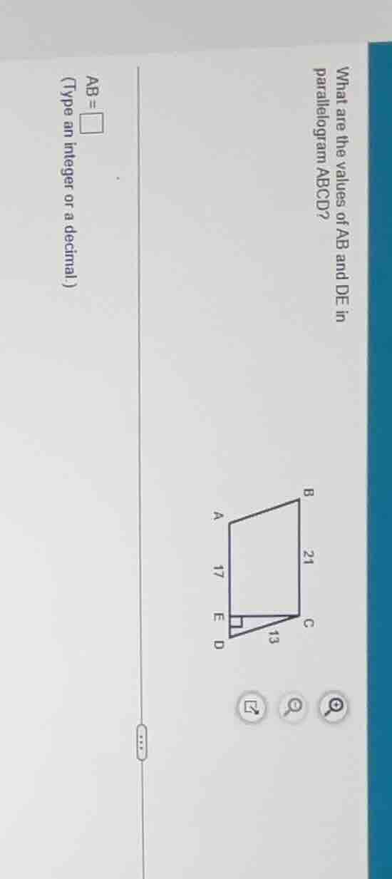 what are the values of ab and de in parallelogram abcd? ab = \\square (…