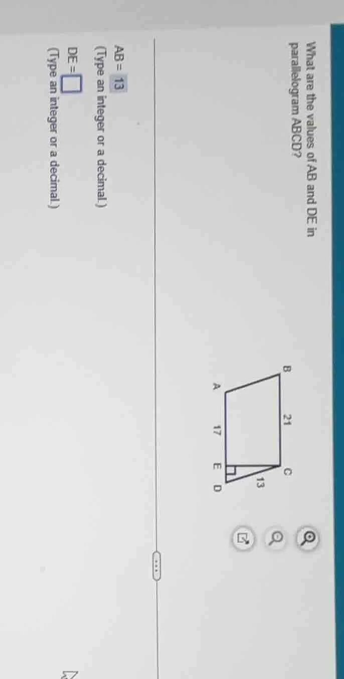 what are the values of ab and de in parallelogram abcd? ab = 13 (type a…