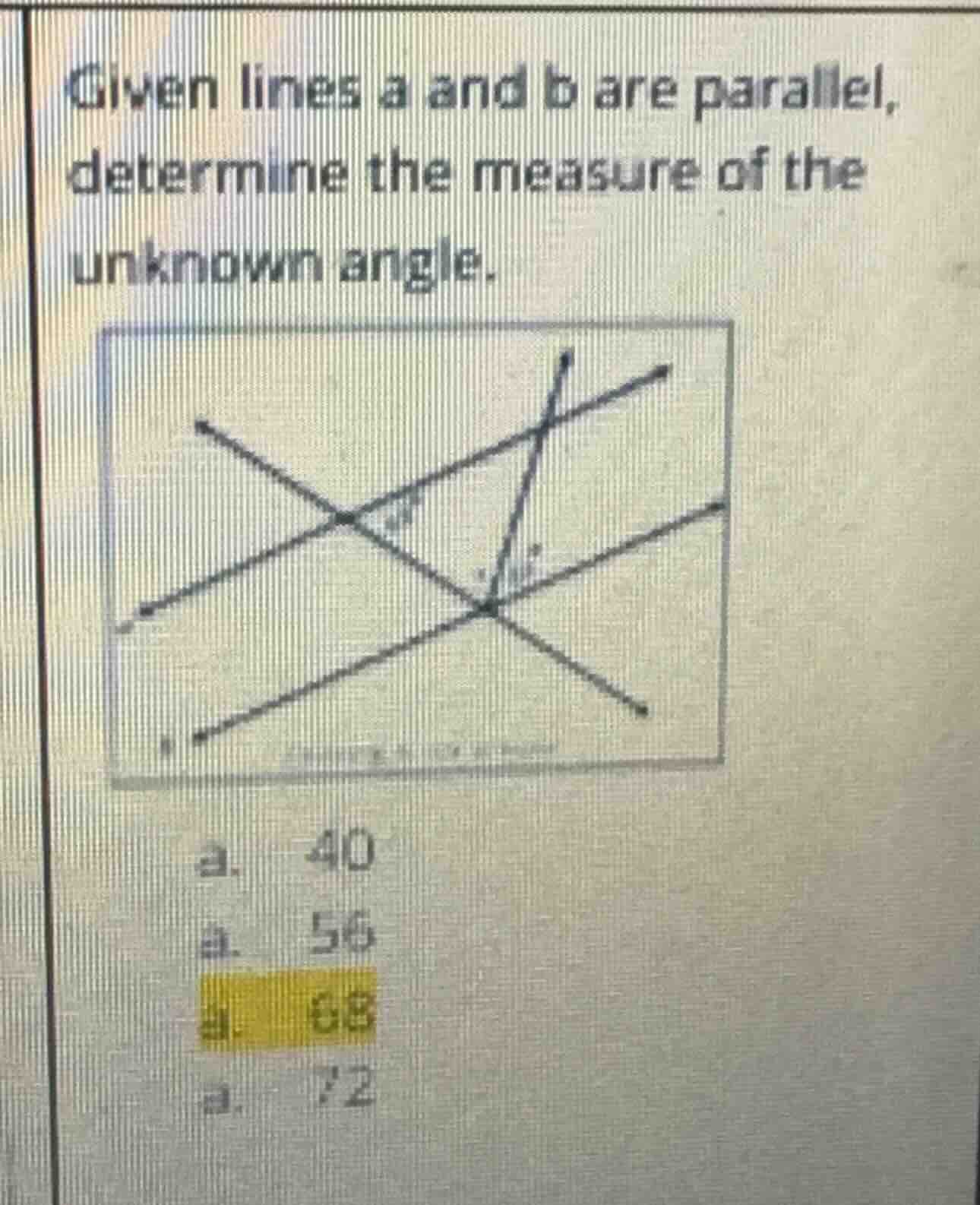 given lines a and b are parallel, determine the measure of the unknown …
