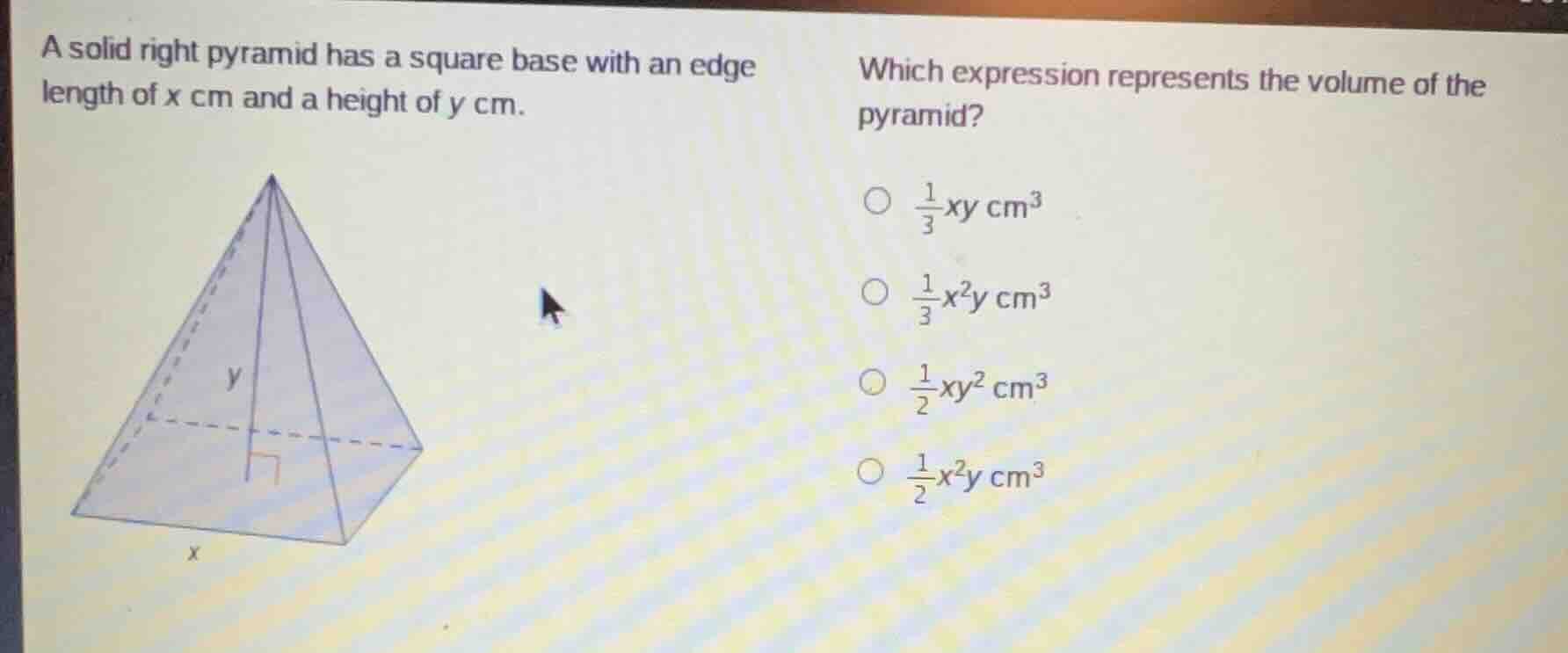 a solid right pyramid has a square base with an edge length of x cm and…