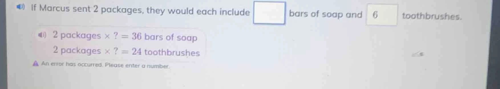 if marcus sent 2 packages, they would each include \\square bars of soa…