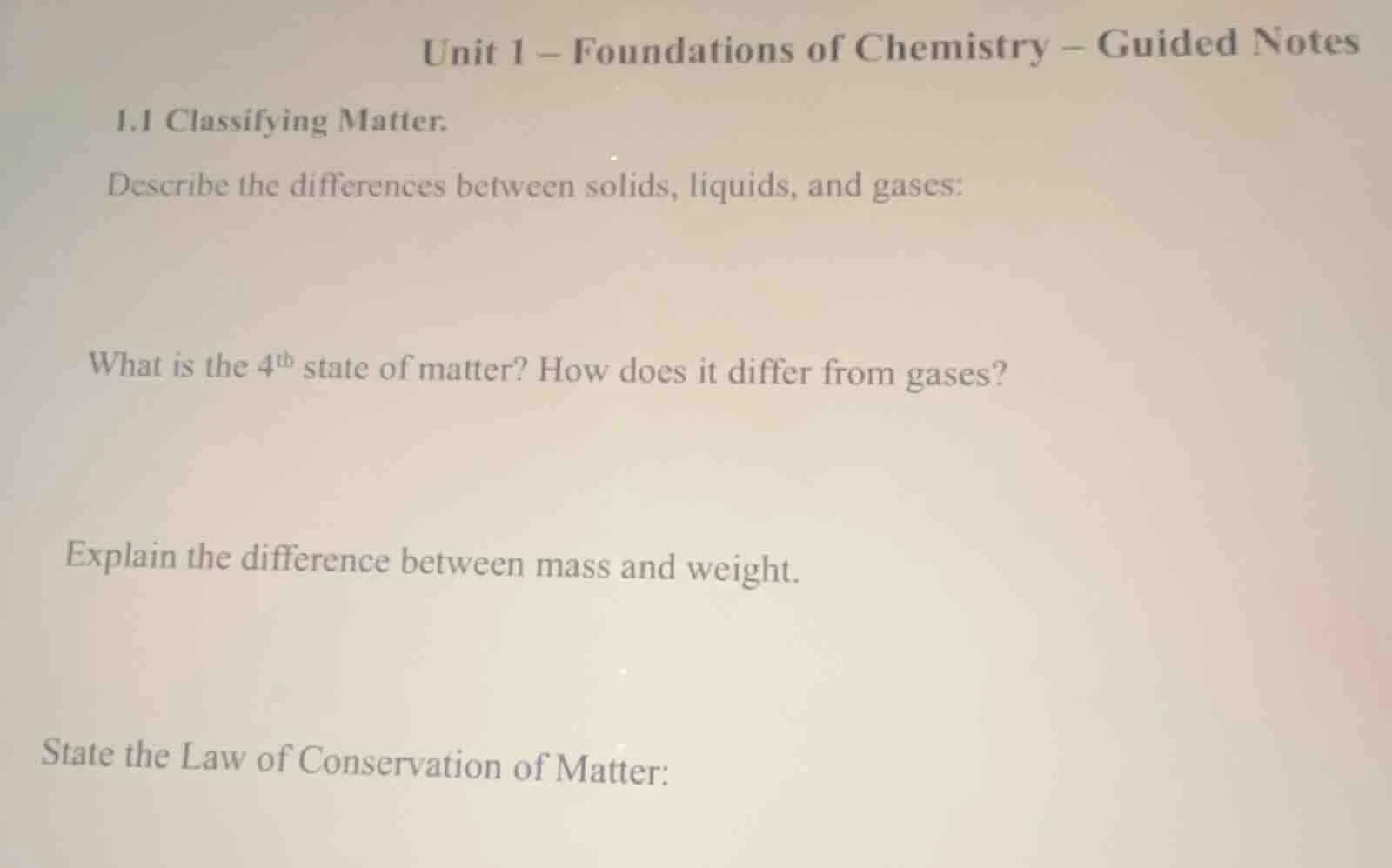unit 1 – foundations of chemistry – guided notes 1.1 classifying matter…