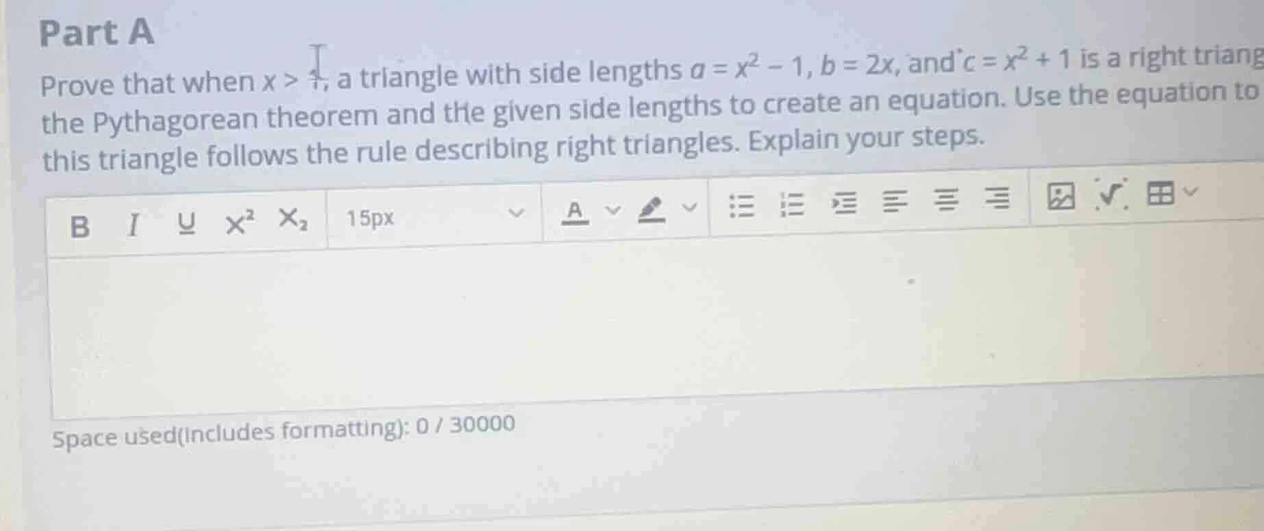 part a prove that when x > 1, a triangle with side lengths ( a = x^2 - …