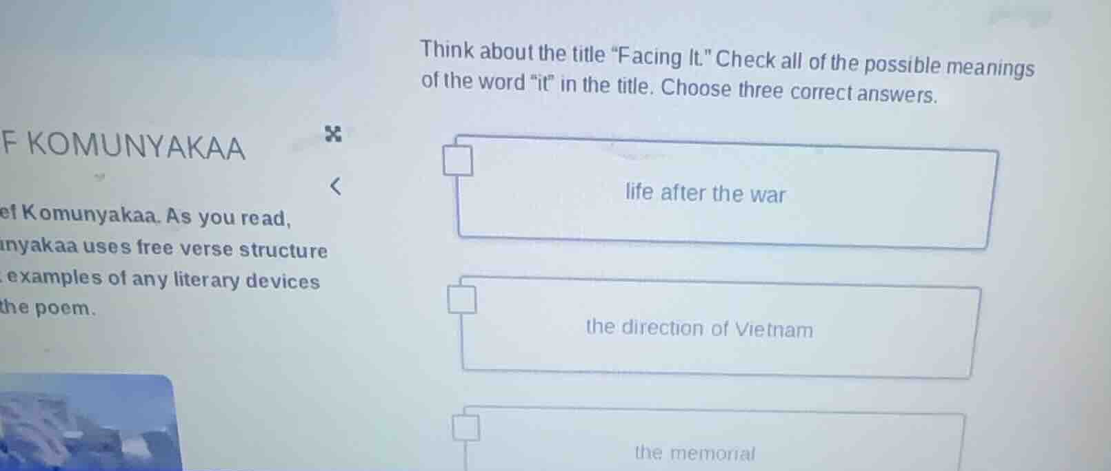 think about the title \facing it.\ check all of the possible meanings o…