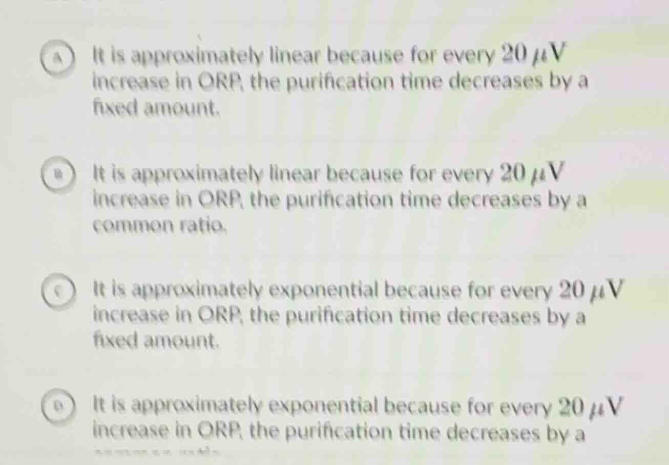 a it is approximately linear because for every 20 μv increase in orp, t…