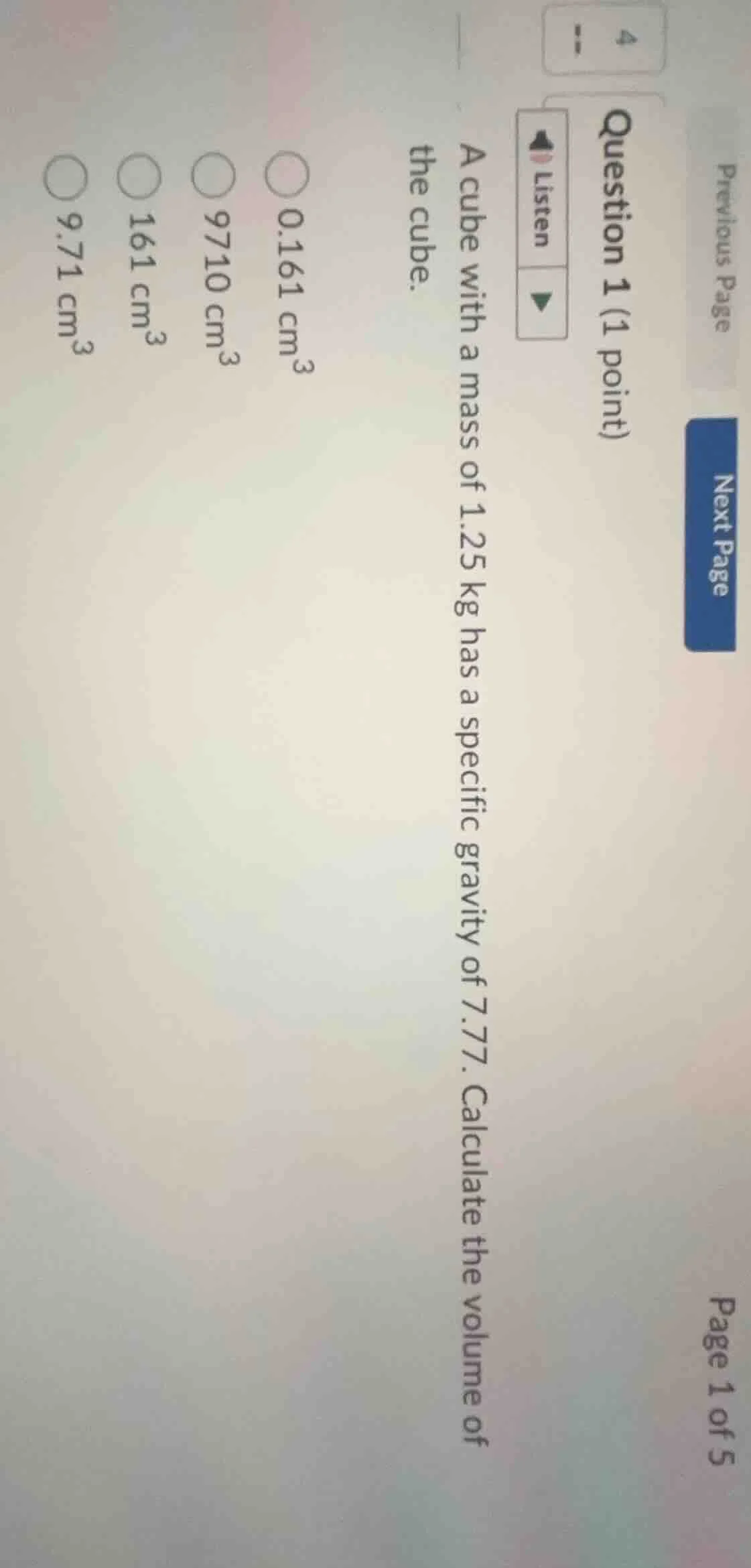 question 1 (1 point) listen a cube with a mass of 1.25 kg has a specifi…