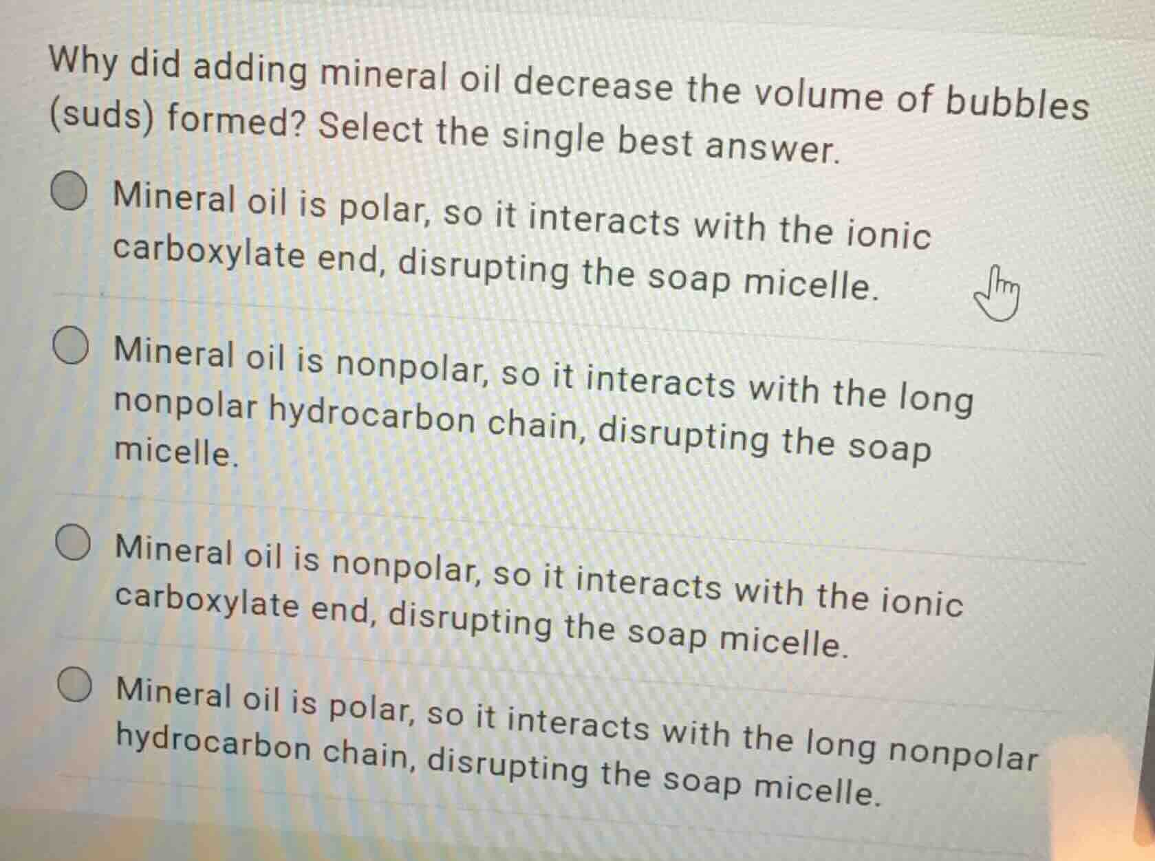 why did adding mineral oil decrease the volume of bubbles (suds) formed…