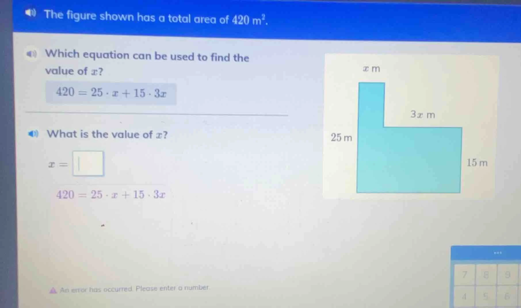 the figure shown has a total area of 420 m². which equation can be used…