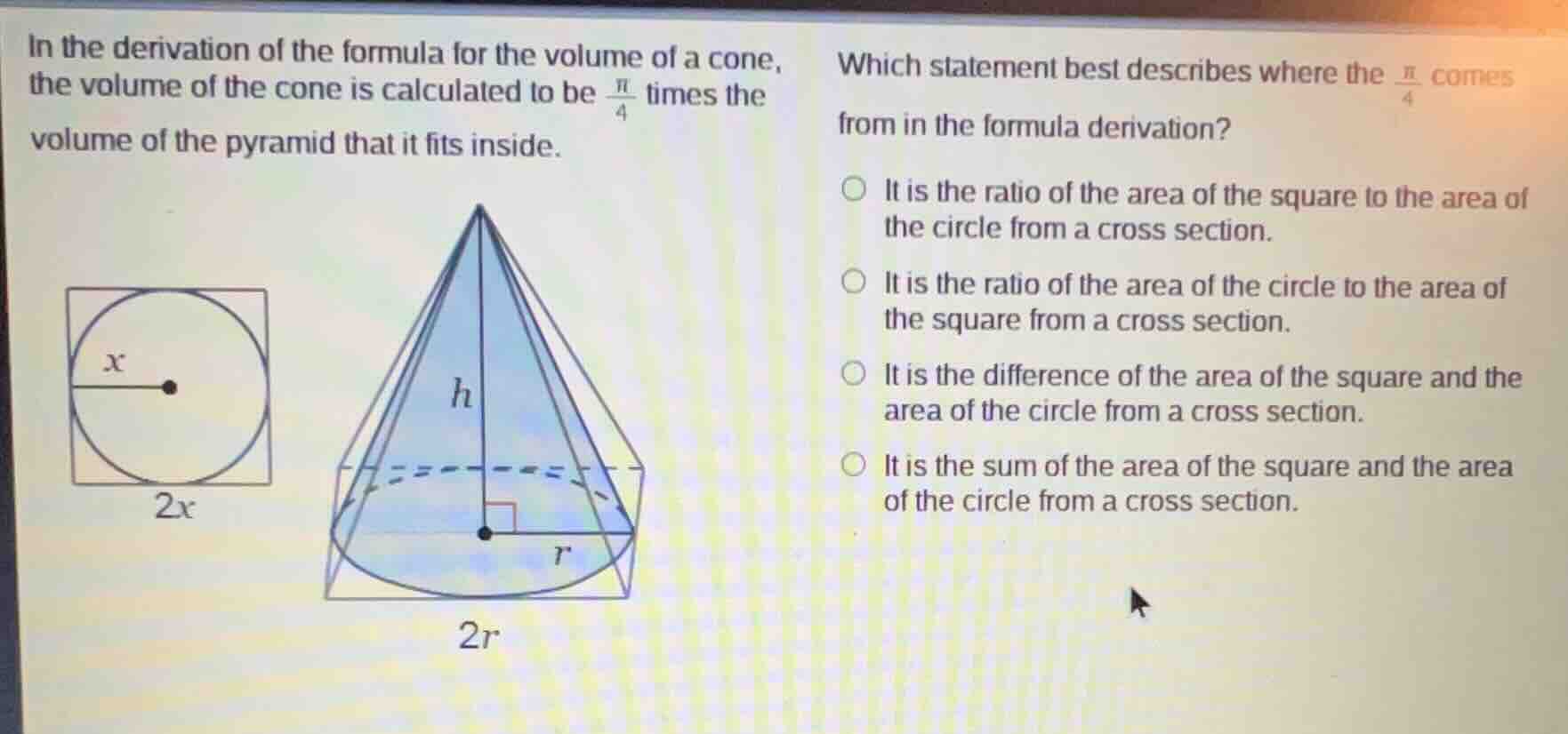 in the derivation of the formula for the volume of a cone, the volume o…