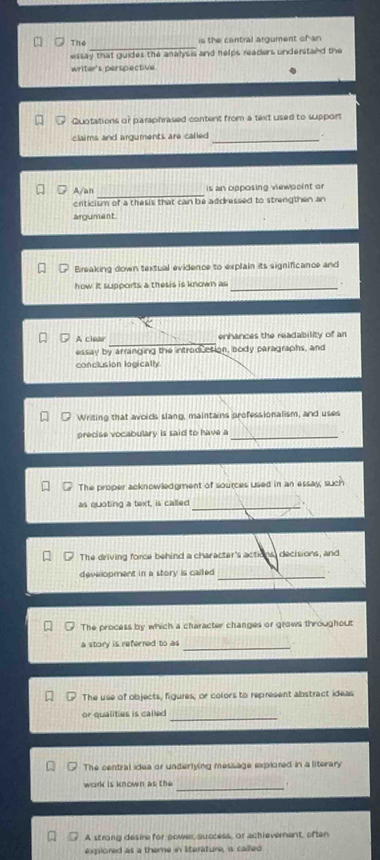 the _______________ is the central argument of an essay that guides the…