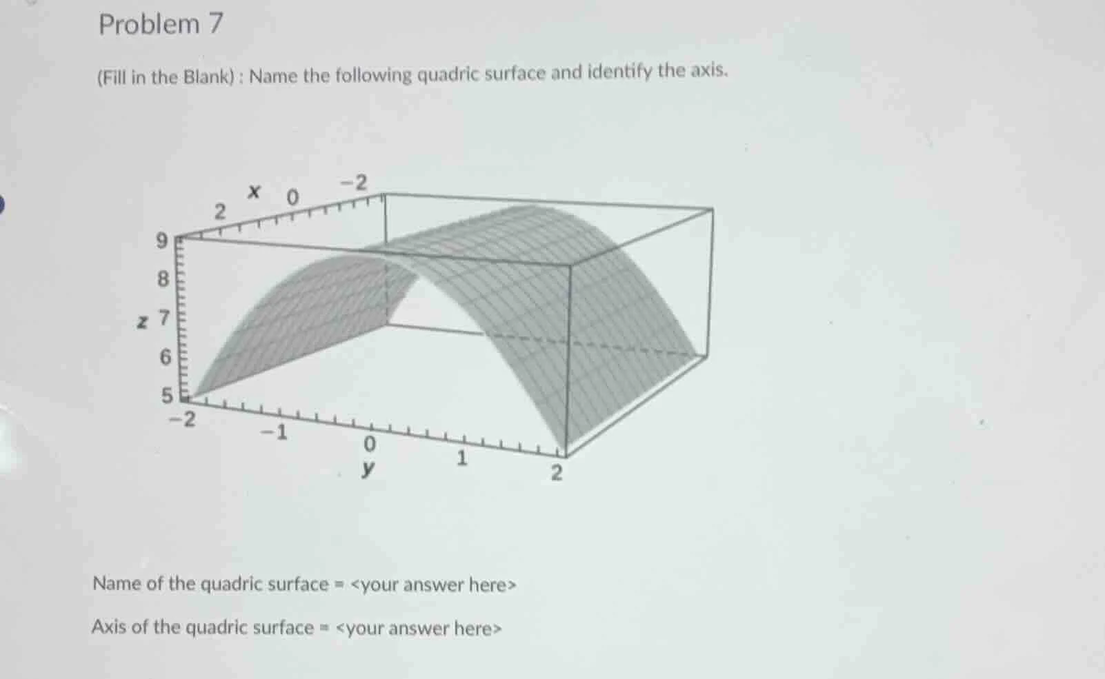 problem 7 (fill in the blank) : name the following quadric surface and …