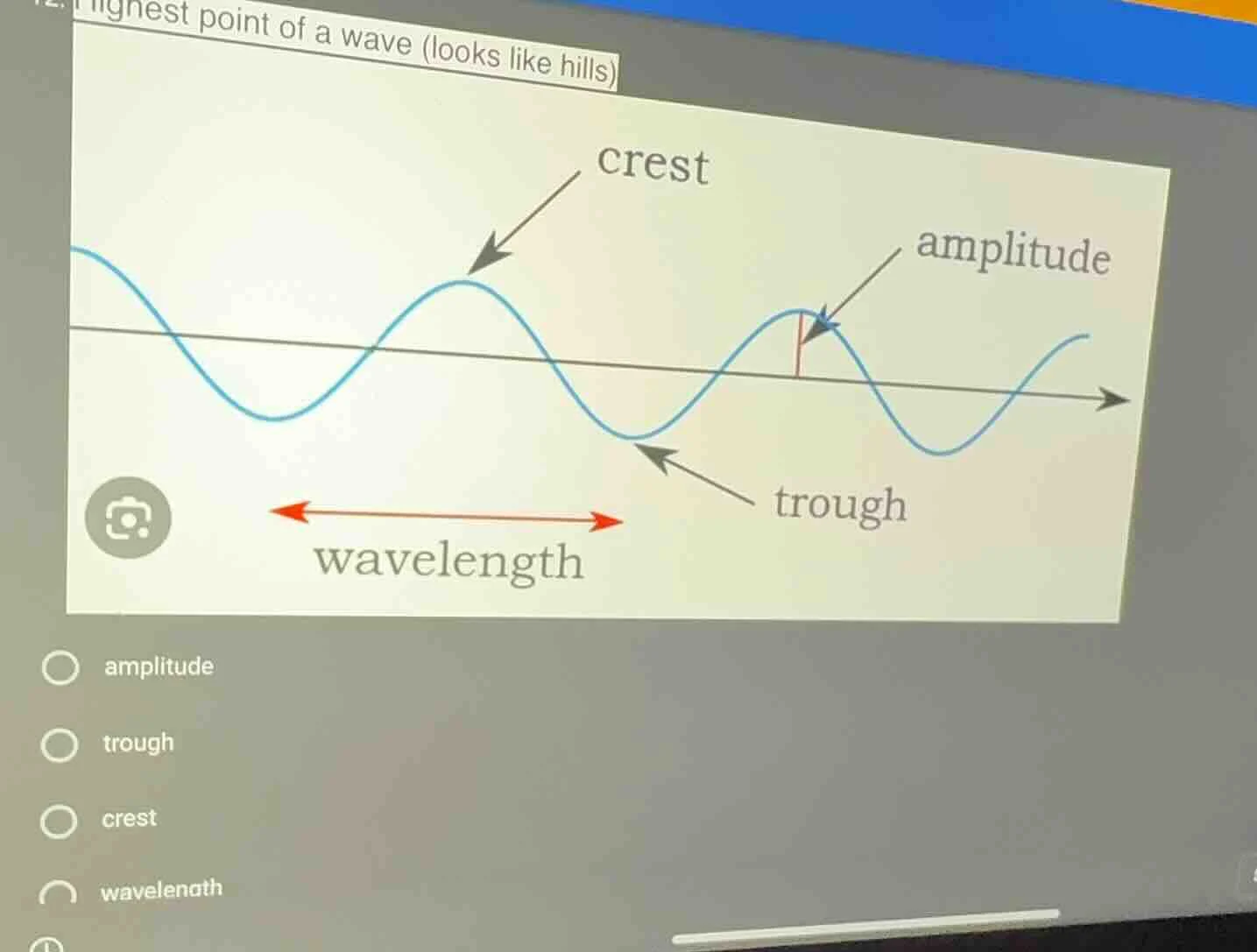 highest point of a wave (looks like hills) options: ○ amplitude ○ troug…
