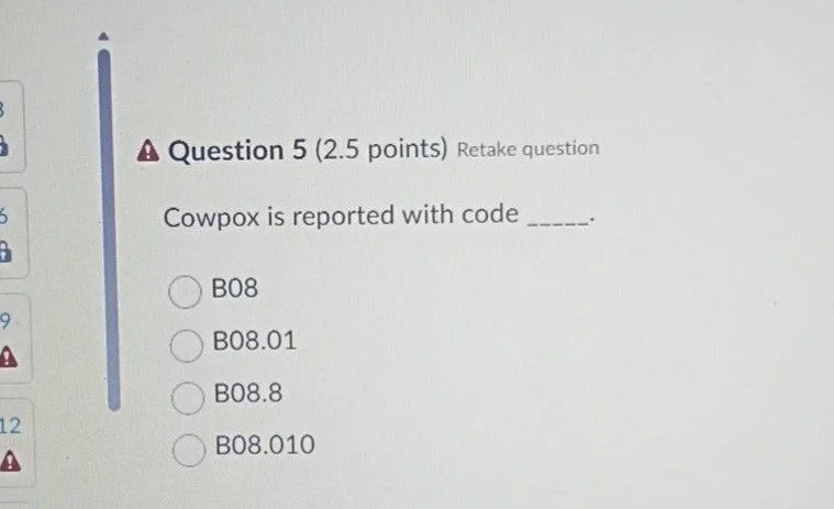 question 5 (2.5 points) retake question cowpox is reported with code __…