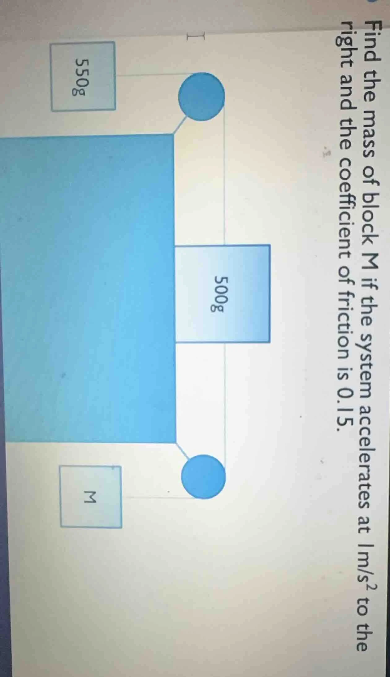 find the mass of block m if the system accelerates at 1m/s² to the righ…