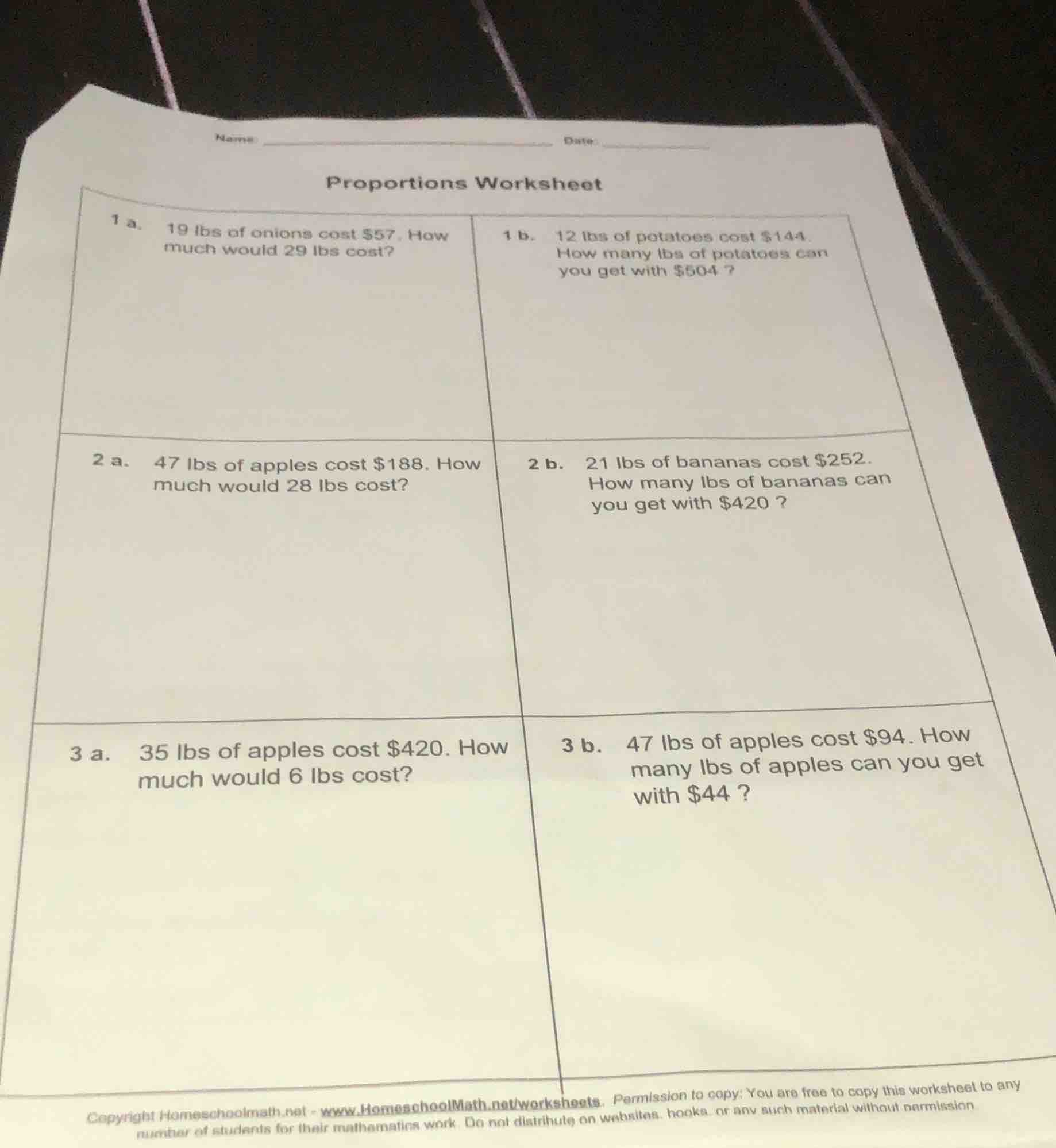 proportions worksheet 1 a. 19 lbs of onions cost $57. how much would 29…